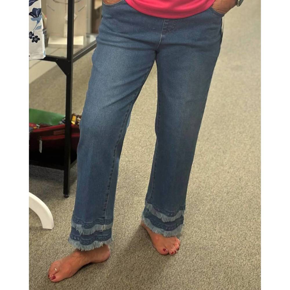 NEW MULTIPLES fringe eyelet hem cropped jeans in indigo
